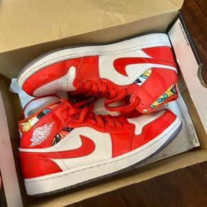 Nike Red and White Low-Top Sneakers with Multicolor Inner Collar